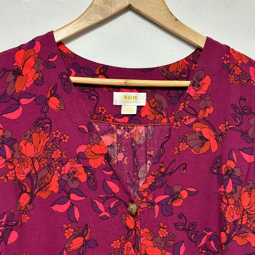 Maeve Anthropologie Fall Floral Blouse Womens Large Magenta Ruched Sleeve Top - Picture 4 of 11